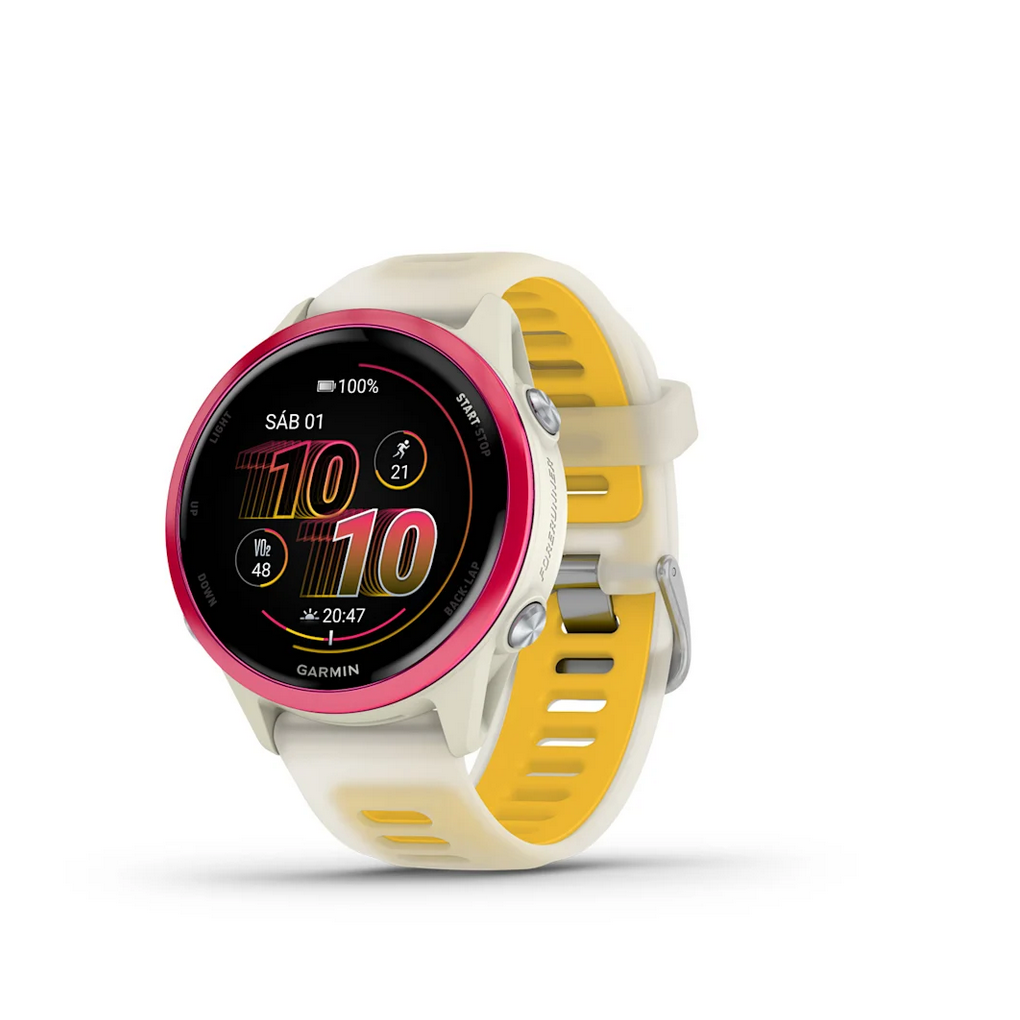 Reloj Garmin Forerunner 570 Aluminio Lila con Correa en Blanco y amarillo 42mm
